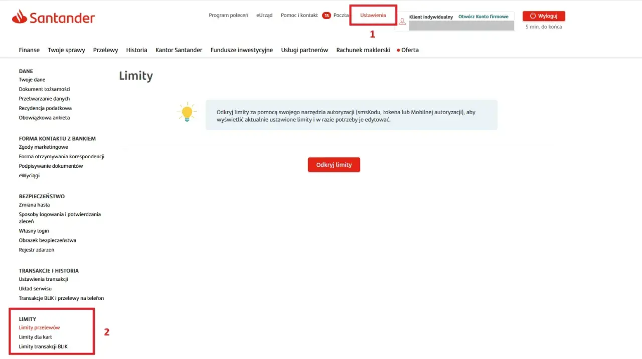 Ustawienia konta Santander: zarządzanie limitami transakcji, przelewów i kart. Możliwość odkrycia i edycji limitów.