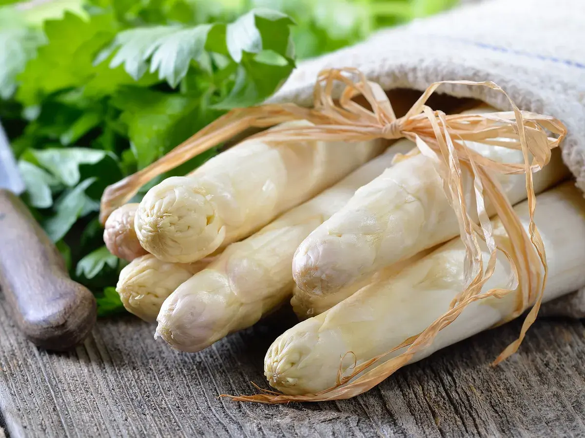 Un bouquet d'asperges blanches, prêtes à être poêlées, est noué avec une ficelle sur un tissu. Des herbes fraîches et un couteau sont visibles en arrière-plan.