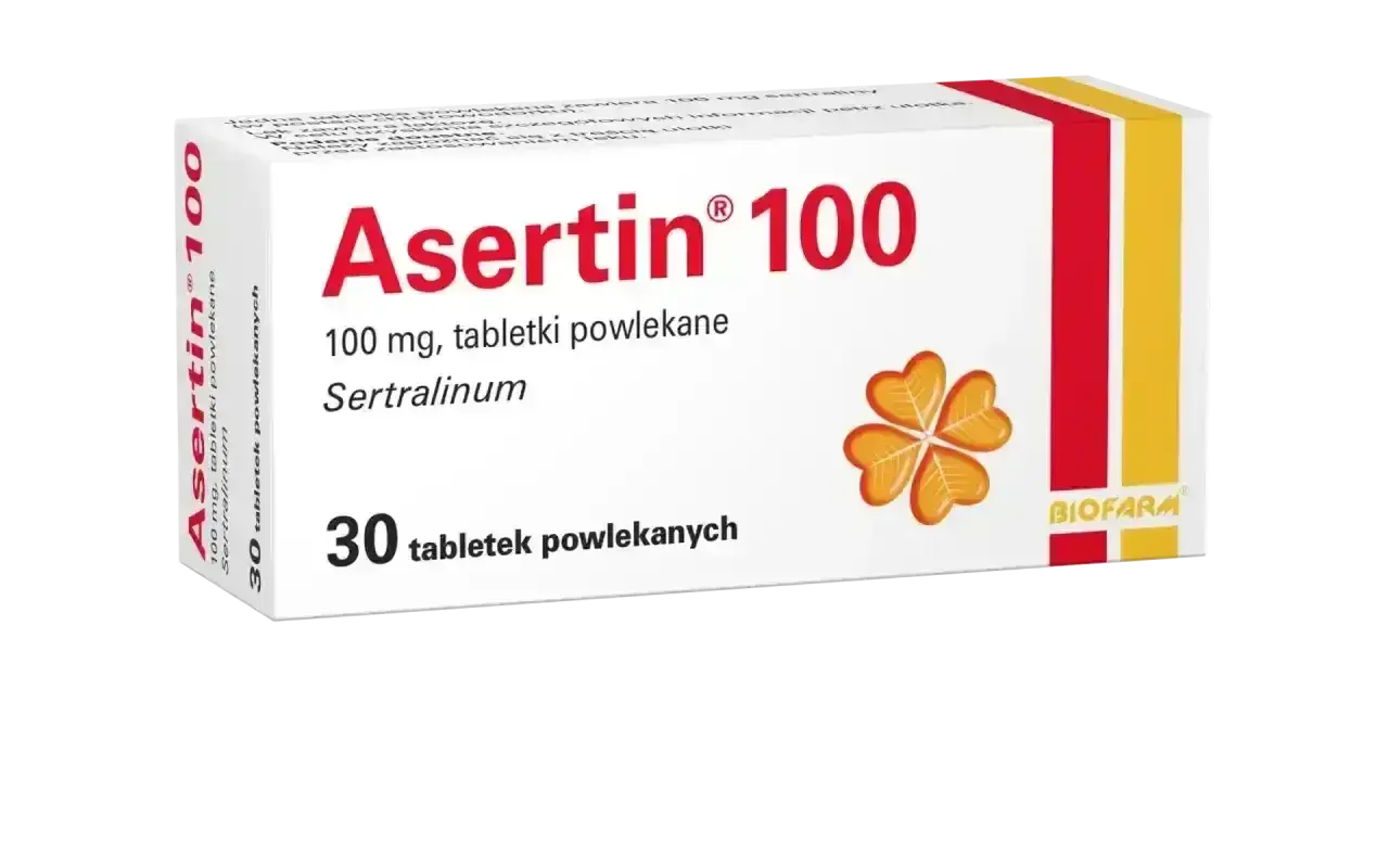 Opakowanie leku Asertin 100, zawierającego sertralinę, stosowanego w leczeniu depresji i innych schorzeń. 30 tabletek.