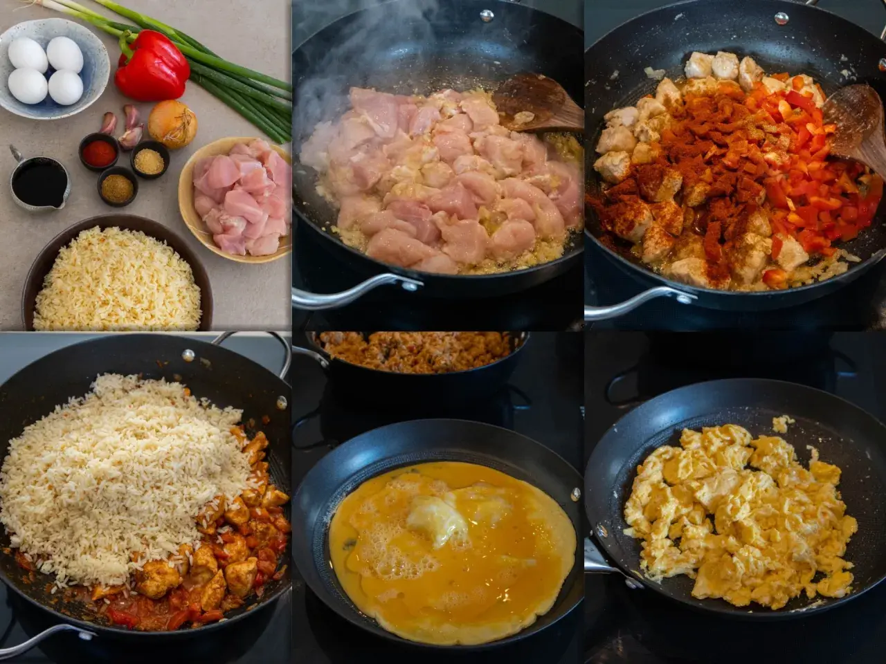 Steg för steg hur man gör arroz chaufa: kyckling steks, kryddas med paprika, ris tillsätts, ägg steks och blandas.