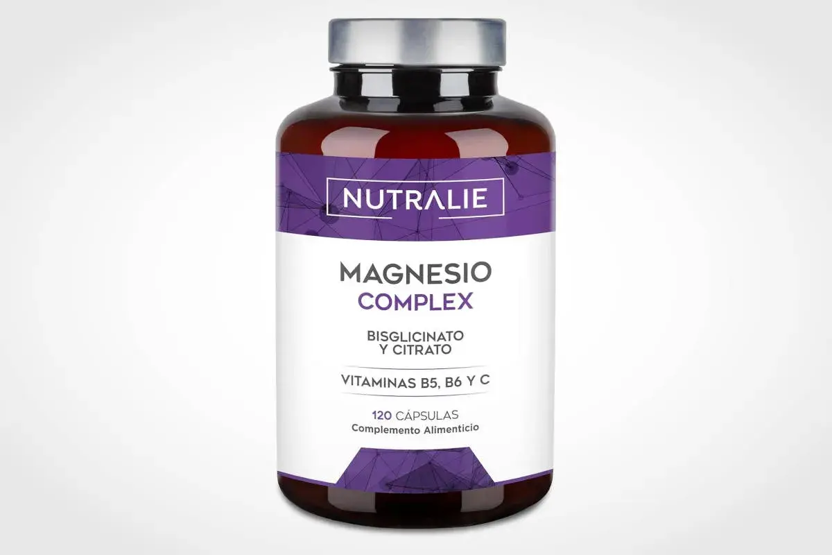 Bote de suplemento "Magnesio Complex" de Nutralie, con bisglicinato de magnesio vs citrato de magnesio y vitaminas B5, B6, C.