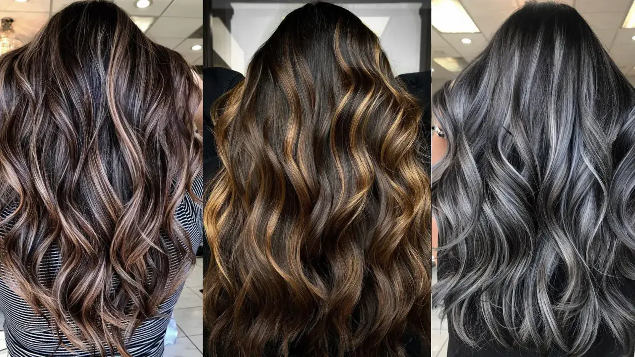 Tres estilos de mechas para morenas oscuras: rubias ceniza, miel y plateadas.