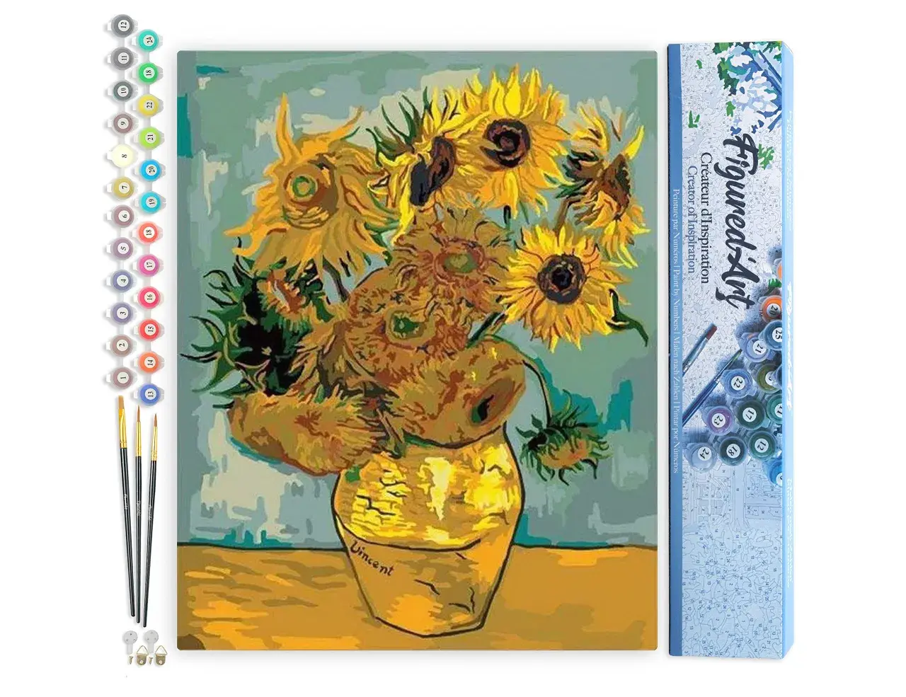 Un kit de pintura por números con girasoles al estilo de Van Gogh, incluyendo pinceles y botes de pintura numerados.