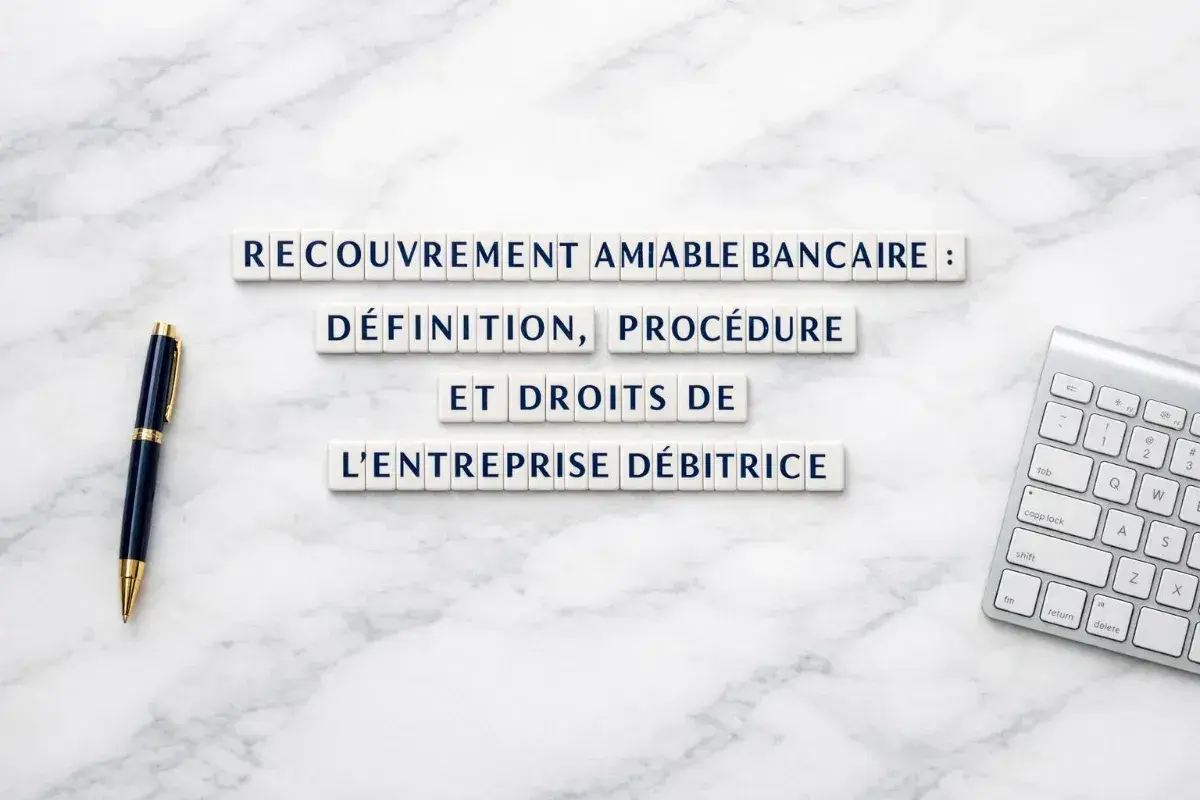 Lettres formant "Recouvrement amiable bancaire : définition, procédure et droits de l'entreprise débitrice". Stylo et clavier à proximité.