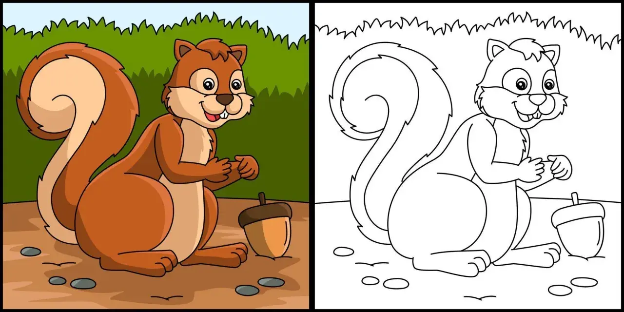 Dibujo ardilla para colorear, con su bellota lista para ser pintada.