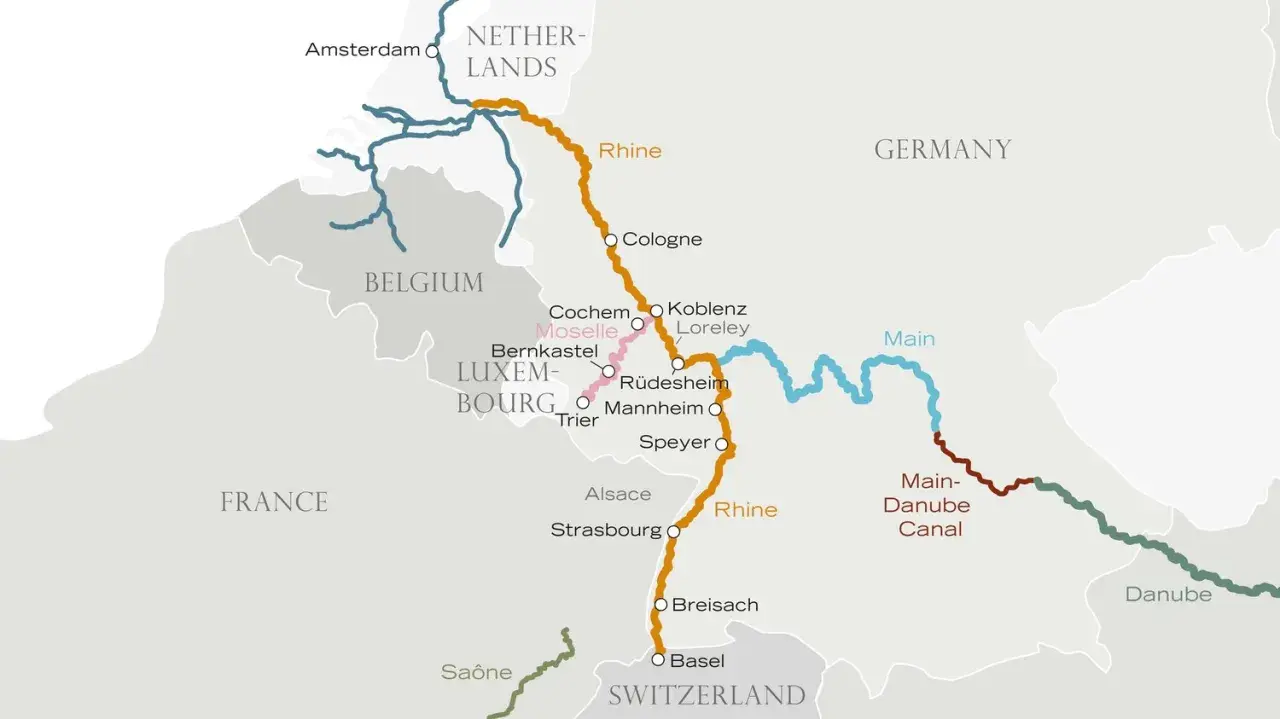 Karte zeigt Flussrouten von Amsterdam über den Rhein und Main bis zur Donau, mit Basel als südlichstem Punkt.