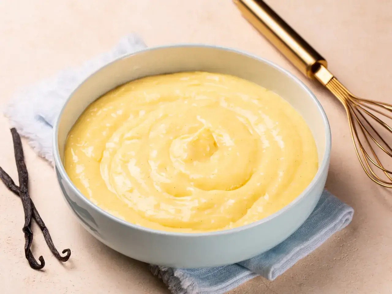 Un bol de crème pâtissière onctueuse, parsemée de points de vanille, avec des gousses de vanille et un fouet doré à proximité.
