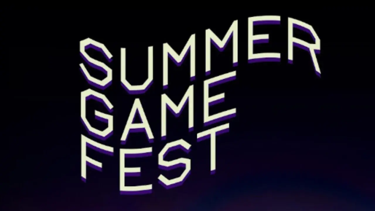 Napis "SUMMER GAME FEST" w stylu retro, z fioletowym cieniem.