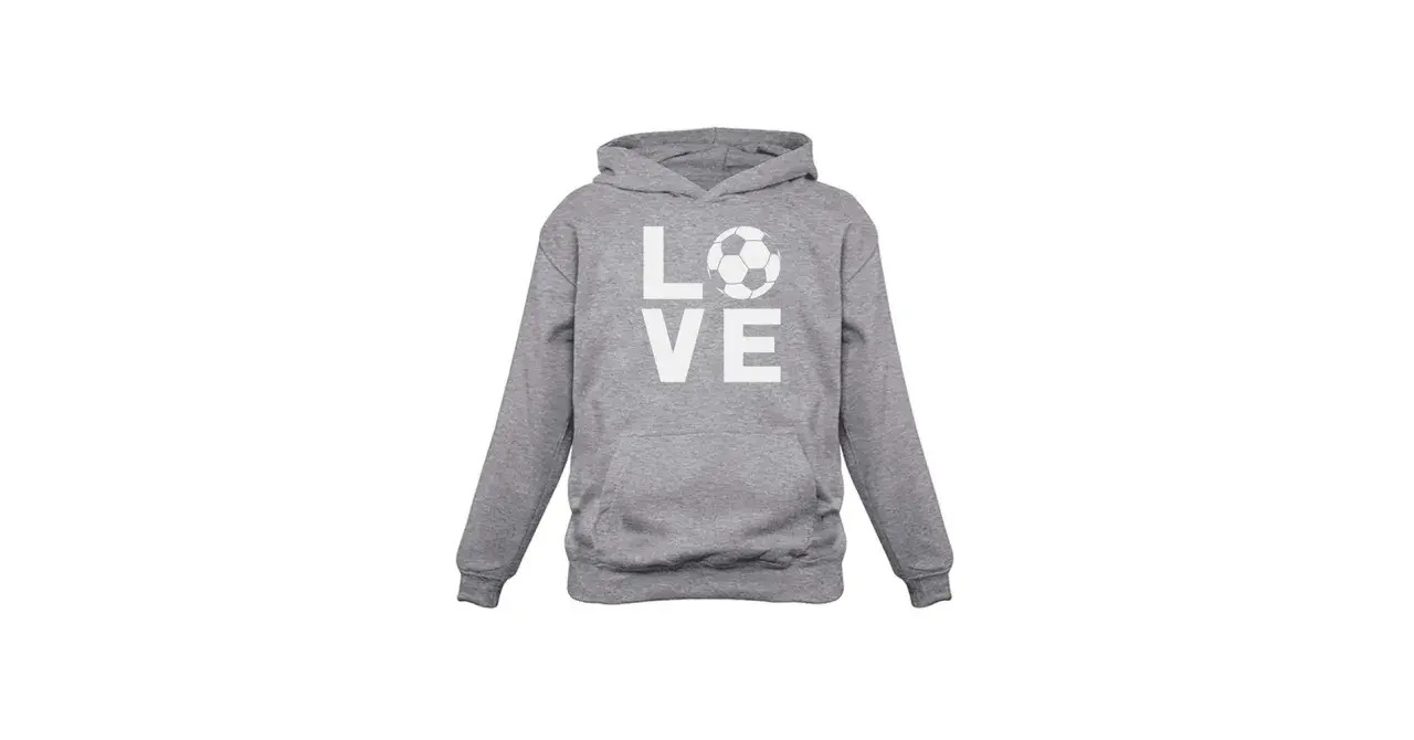 Szara bluza z kapturem dla dzieci z napisem "LOVE" i piłką nożną. Idealna dla małych fanów futbolu.