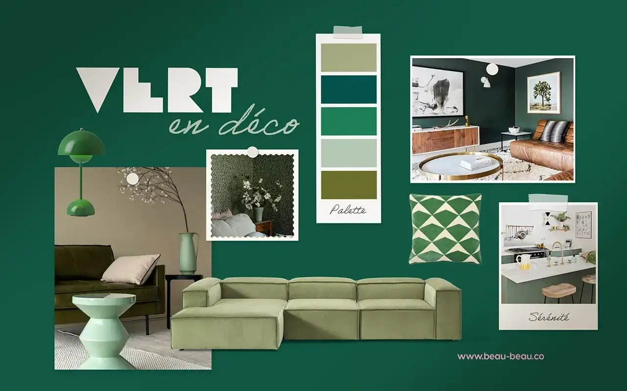 Inspiration déco : quel vert pour un salon ? Palette de verts, canapé, coussin, cuisine et salon pour une ambiance sereine.