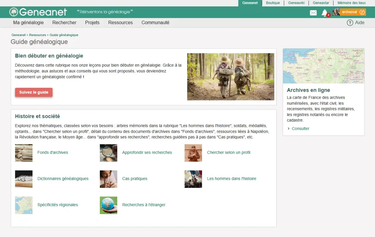 Guide généalogique sur Geneanet : conseils pour débuter, histoire, archives en ligne et plus.