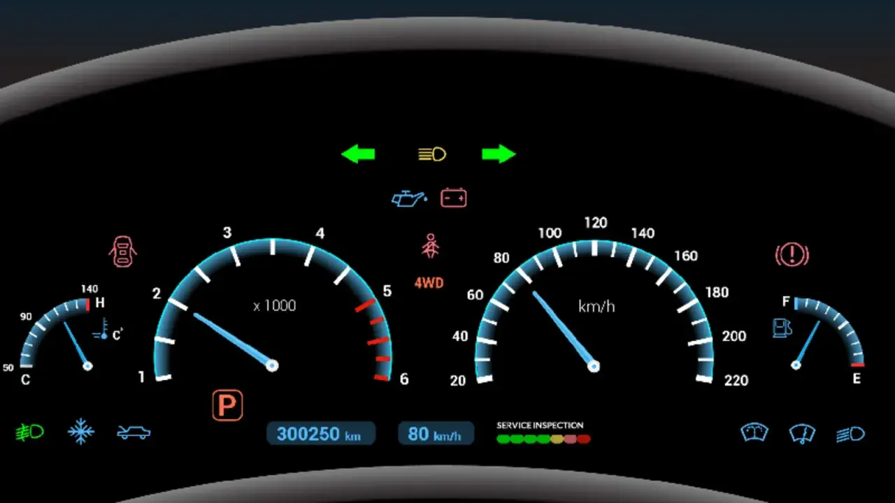 Panel de control de coche con velocímetro, tacómetro, indicador de combustible y el símbolo líquido de frenos.