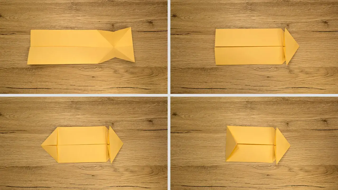 Kroki tworzenia prostego koszyka z papieru. Żółty papier składany na drewnianym tle.