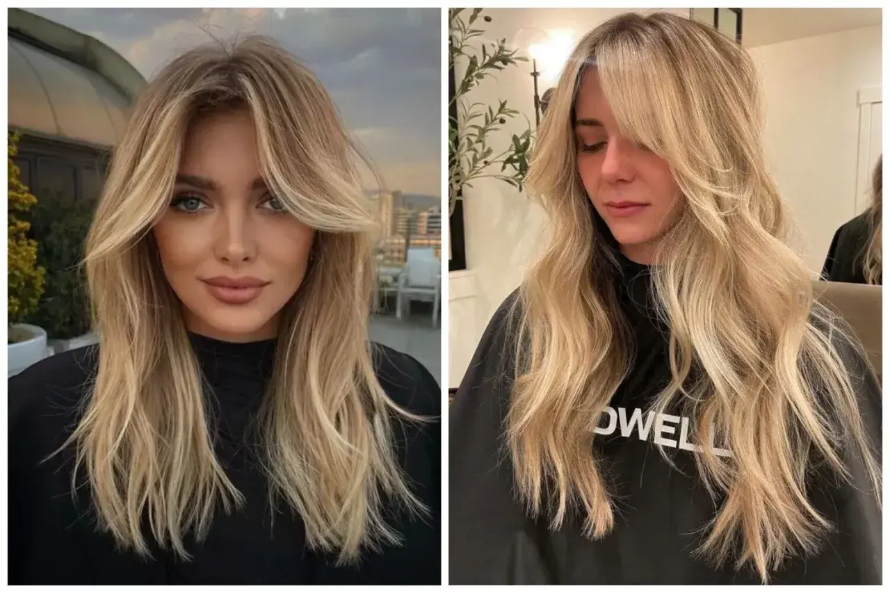 Dwie kobiety z blond włosami i stylowymi curtain bangs, które podkreślają ich rysy twarzy.