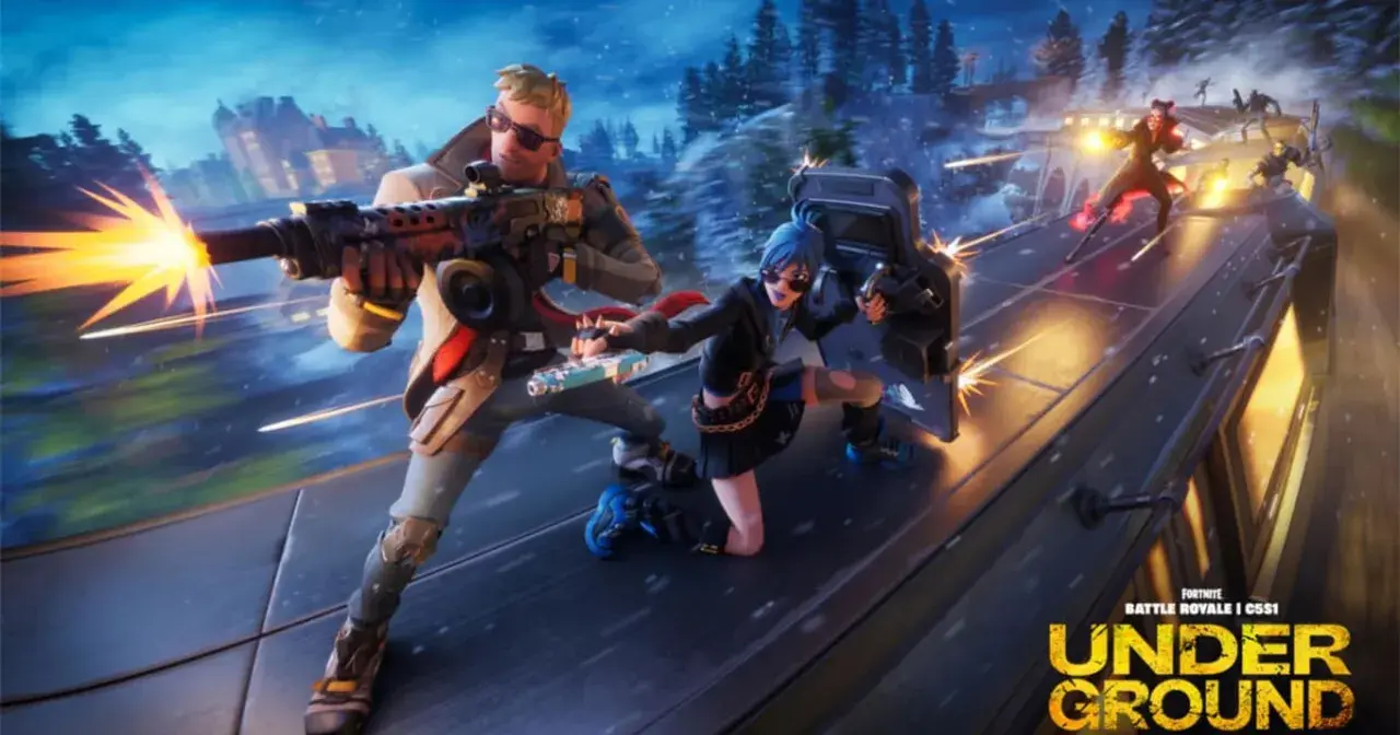 Żniwiarz Fortnite i jego towarzyszka bronią na dachu pociągu, w śnieżnej scenerii.