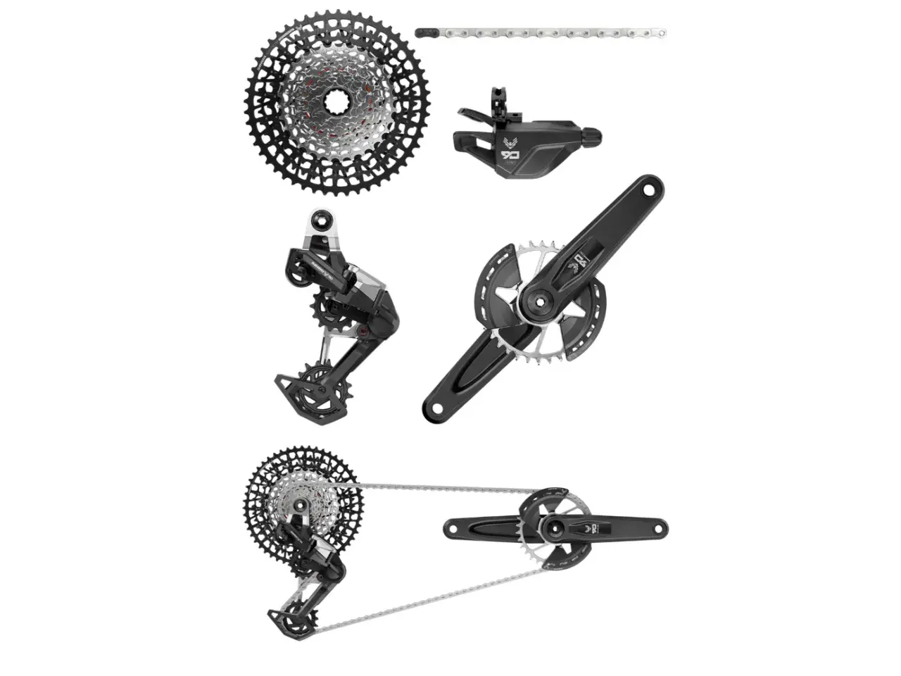 Comparing SLX vs XT: A bicycle drivetrain with a cassette, derailleur, chain, shifter, and crankset.