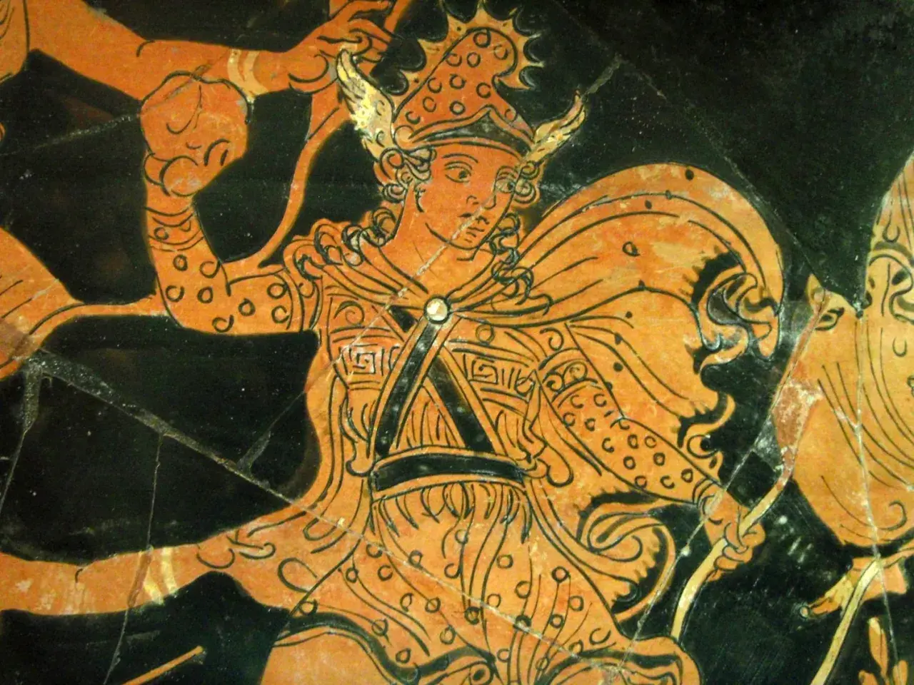 Orphée aux Enfers, figure mythologique en tenue de guerrier, arc à la main, sur une poterie antique.