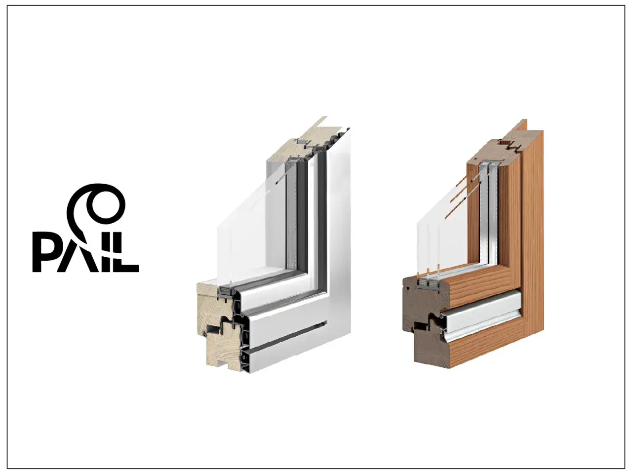 Sezioni di infissi legno alluminio: uno bianco moderno, l'altro in legno naturale. Diverse finiture e colori disponibili.