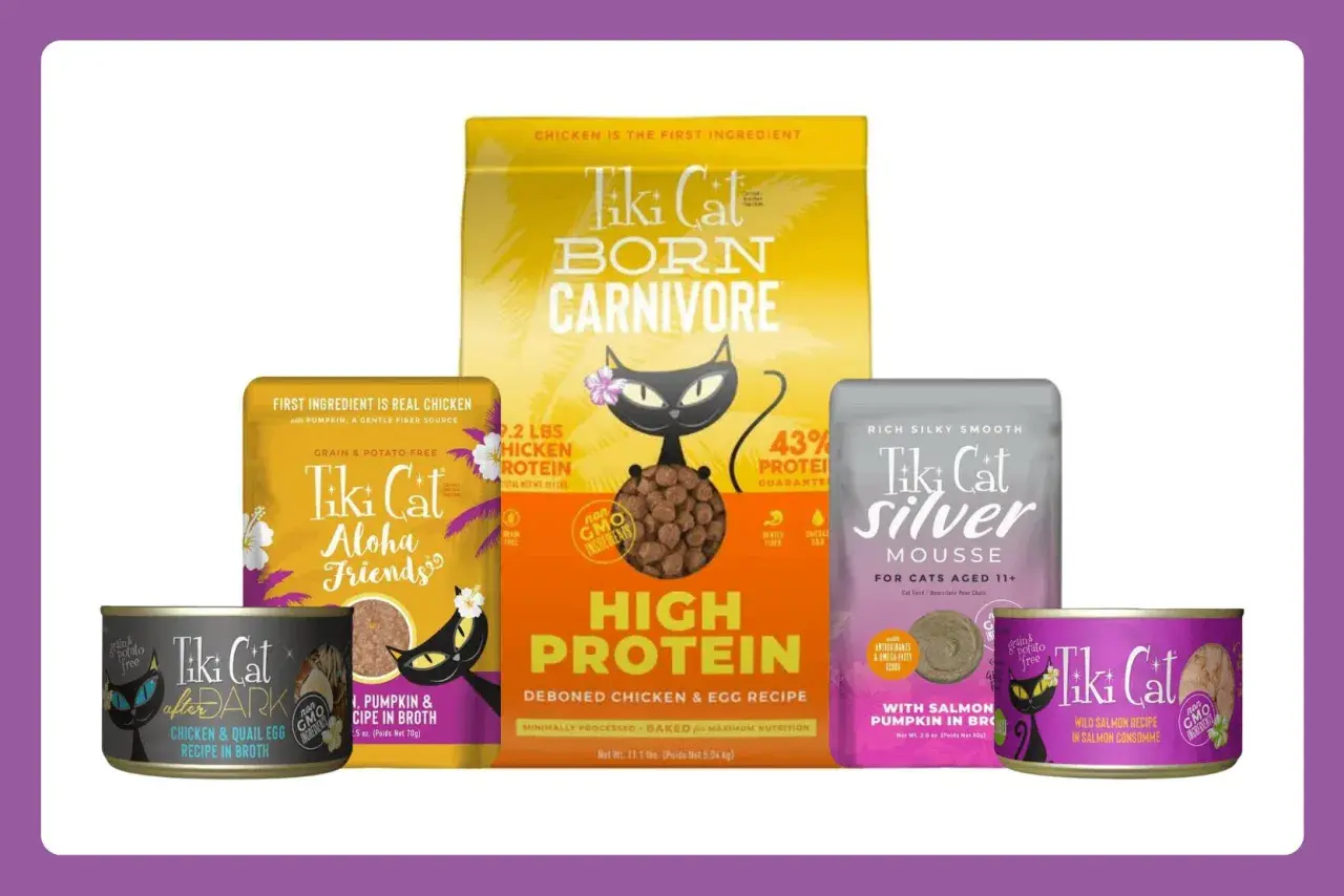 Is Tiki Cat food good? This image showcases various Tiki Cat products, including dry food and wet food cans, suggesting a focus on high-protein, grain-free options for cats.