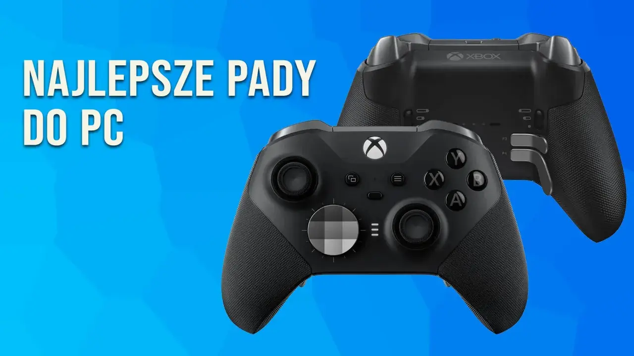 Dwa czarne pady Xbox, idealne pady do PC, prezentowane na niebieskim tle.