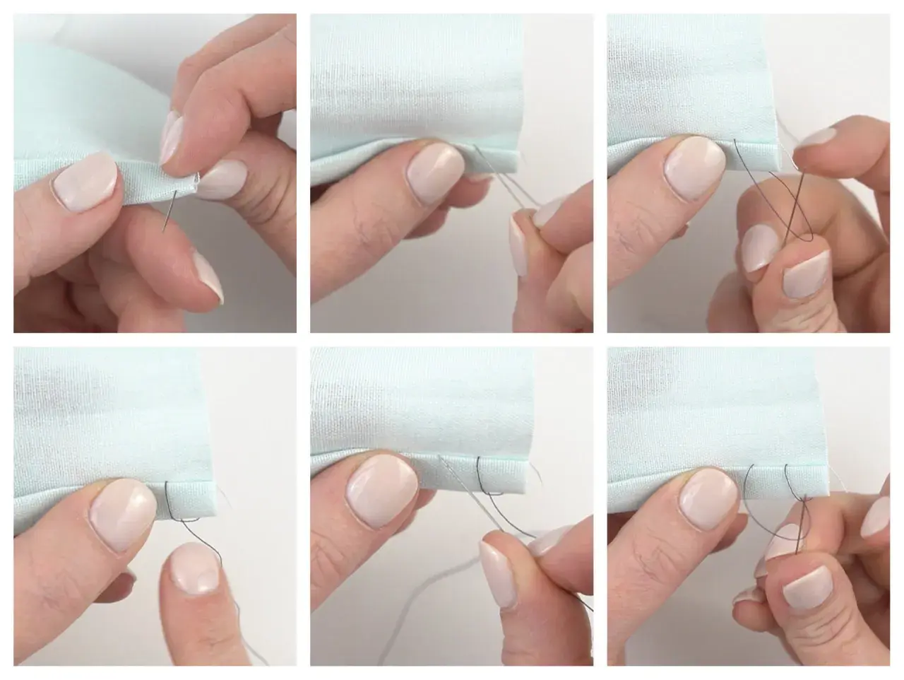 Hands demonstrate how to sew a hem with a needle and thread, showing each step of the stitch.