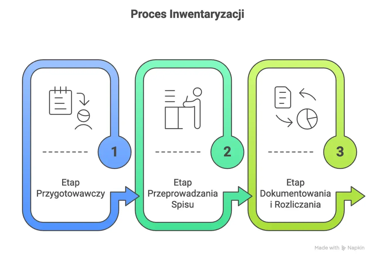 Schemat procesu inwentaryzacji: etap przygotowawczy, przeprowadzania spisu, dokumentowania i rozliczania.