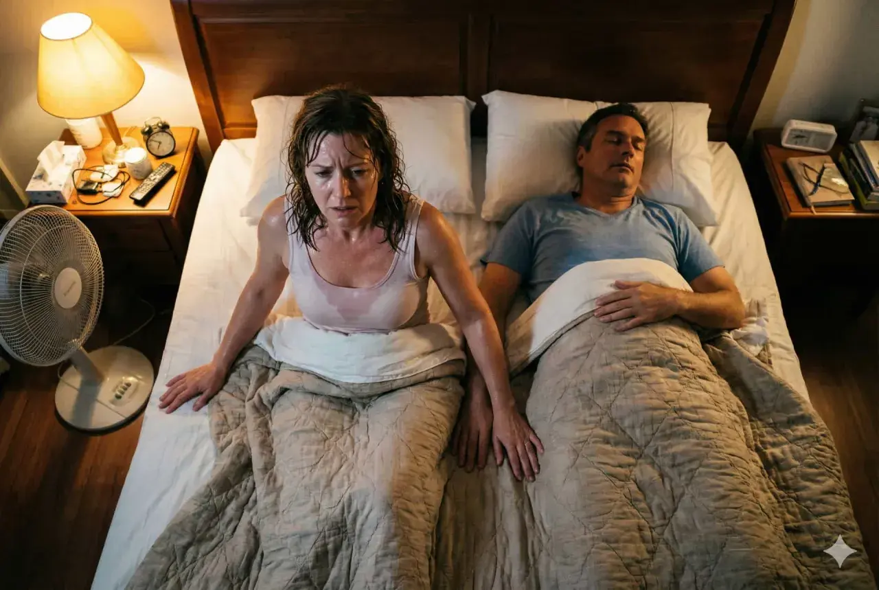 Una donna sudata e angosciata in un letto, mentre un uomo dorme serenamente. Le buone abitudini al mattino iniziano con un sonno riposante.