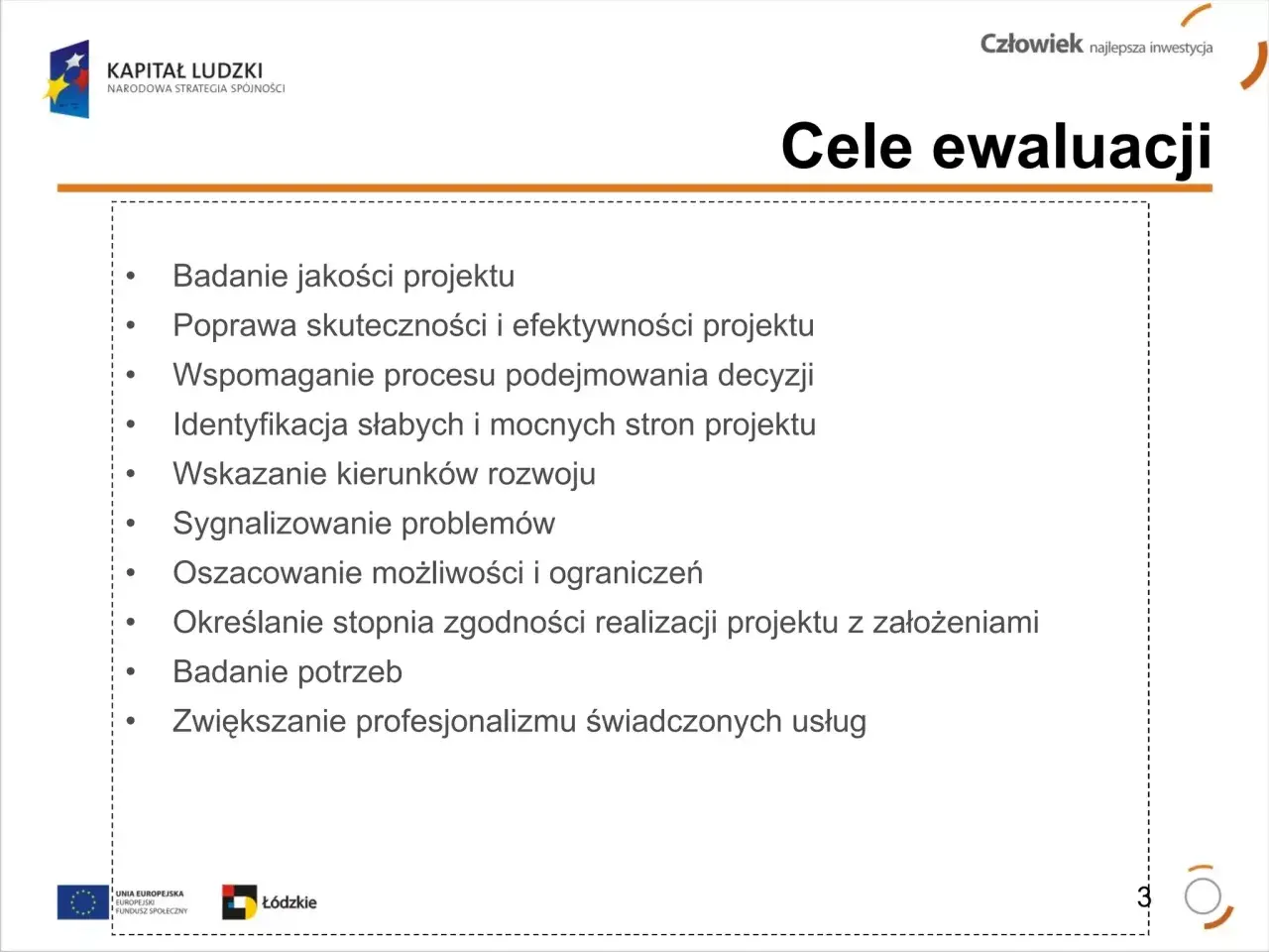 Cele ewaluacji: badanie jakości, poprawa skuteczności, wsparcie decyzji, identyfikacja mocnych i słabych stron, wskazanie kierunków rozwoju, sygnalizowanie problemów, badanie potrzeb.