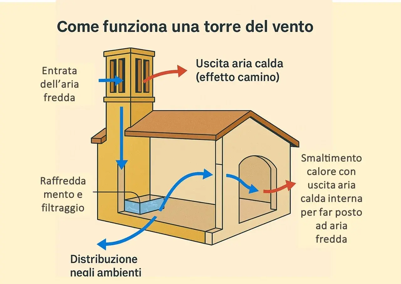 Schema di una torre del vento che illustra la ventilazione naturale: l'aria fredda entra, viene raffreddata e filtrata, distribuita negli ambienti e l'aria calda esce.