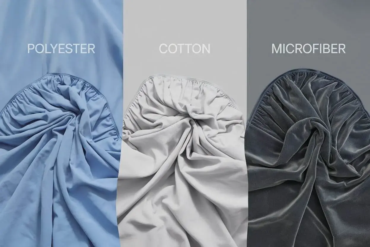 Vergleich von Polyester, Baumwolle und Mikrofaser: Stoffe in verschiedenen Farben und Texturen, die die Unterschiede zwischen Polyester vs. Baumwolle und Mikrofaser zeigen.