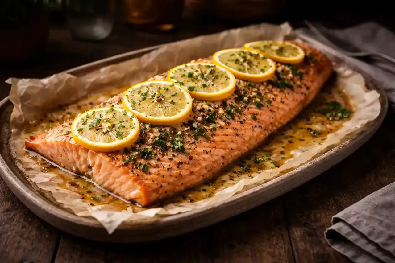 En saftig laxsida i ugn, toppad med citronskivor och örter. Perfekt för en enkel och god middag.