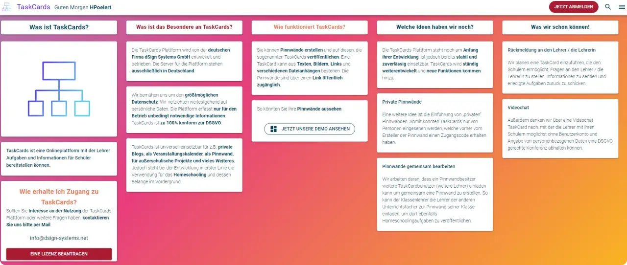 TaskCards: eine kostenlose Padlet-Alternative für Lehrer. Erstellen Sie Pinnwände für Aufgaben, Projekte und Homeschooling. DSGVO-konform.