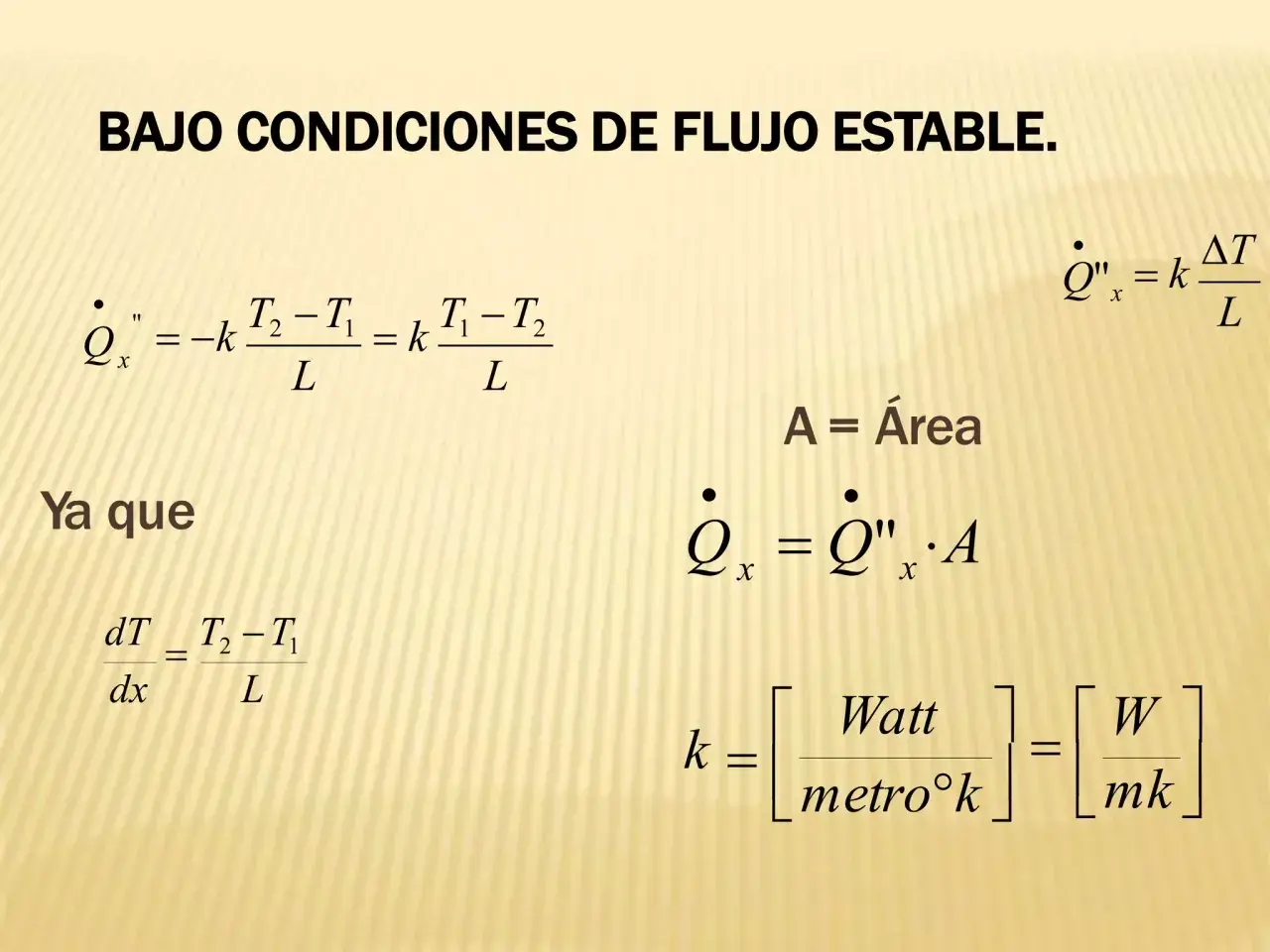 Fórmulas de la fórmula del calor bajo flujo estable, mostrando la conductividad térmica y la tasa de transferencia de calor.