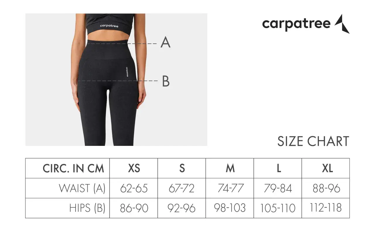 Tabela rozmiarów dla damskich dresów Carpatree. Wymiary w centymetrach dla talii (A) i bioder (B) w rozmiarach XS-XL.