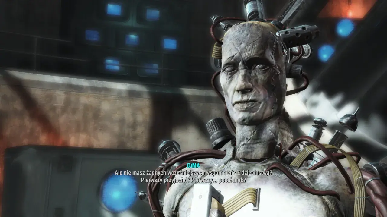 Dima z Fallout 4 Far Harbor, z okablowaniem na głowie, pyta o wspomnienia z dzieciństwa.
