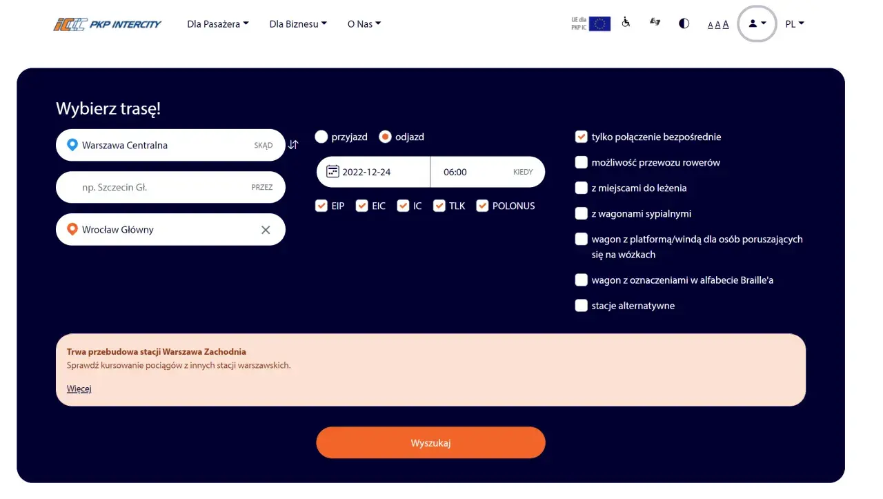 Strona PKP Intercity do wyszukiwania połączeń. Wpisz trasę, datę i godzinę, aby znaleźć najlepsze opcje, gdzie kupić bilet PKP online.