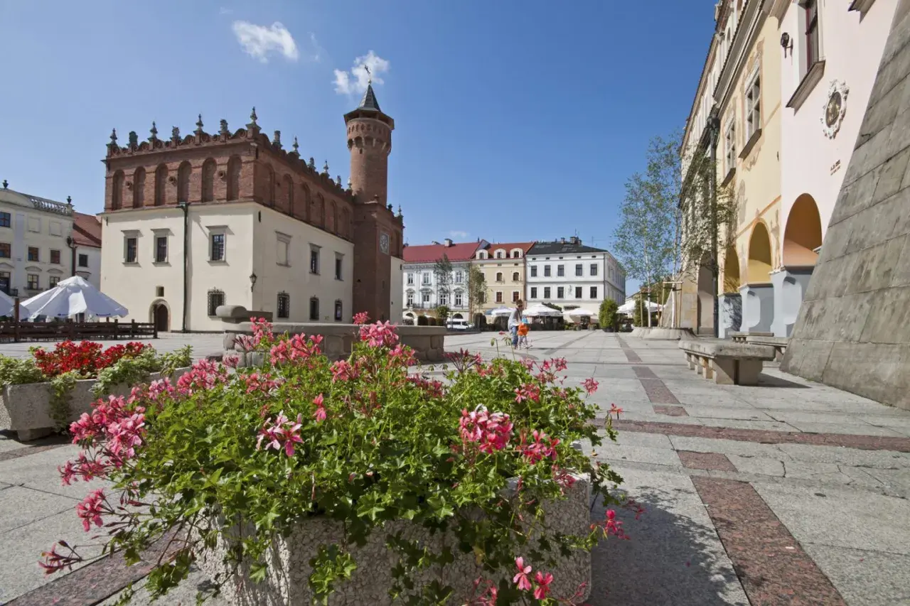 Tarnów atrakcje: Rynek z ratuszem i kamienicami, kwitnące pelargonie tworzą malowniczy widok.