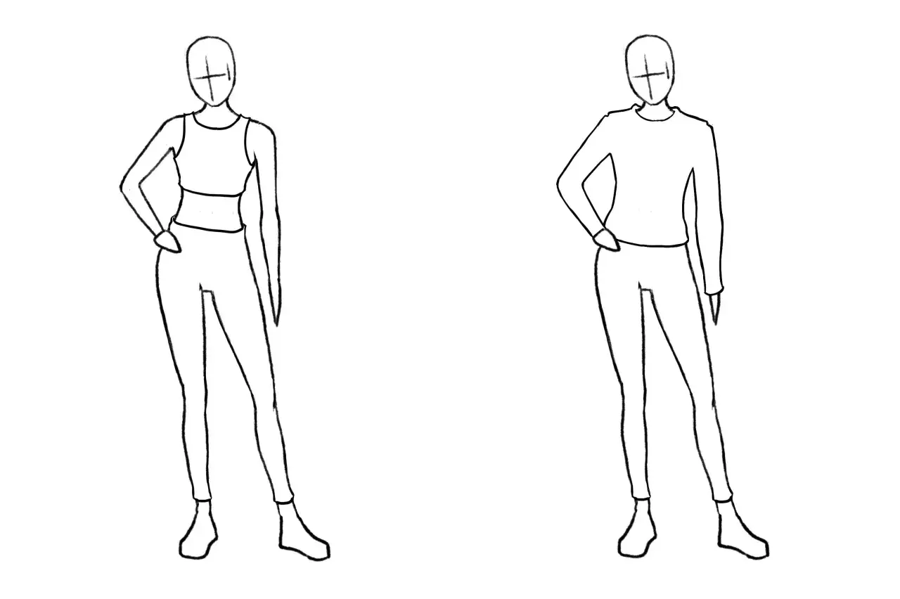 Dibujo maniquí con ropa deportiva, uno con top y mallas, el otro con camiseta y mallas.