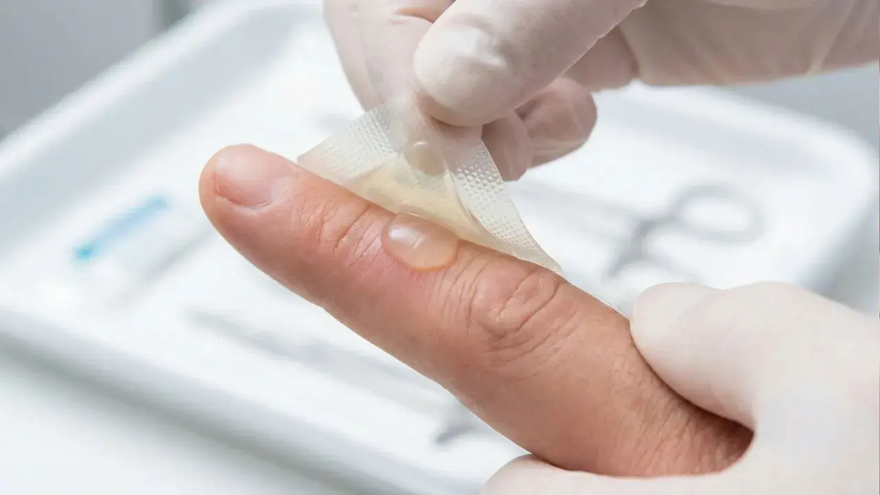 Eine kleine Brandblase am Finger wird vorsichtig mit einem transparenten Verband abgedeckt.