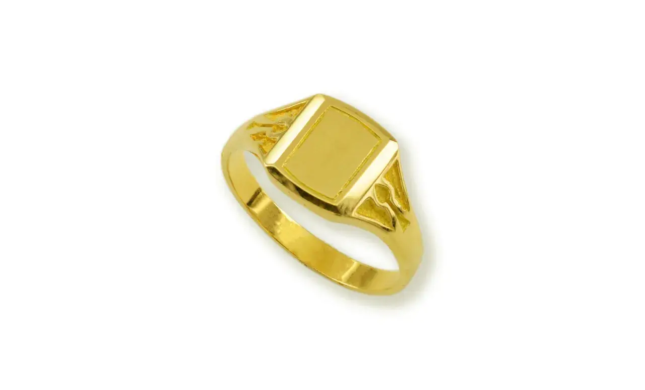 Anillo de oro macizo con placa rectangular lisa, ideal para grabar. ¿Cuánto pesa un sello de oro como este?