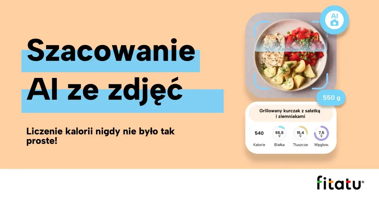 AI analizuje posiłek, pokazując jak liczyć kalorie. Grillowany kurczak z ziemniakami i sałatką, 540 kcal.