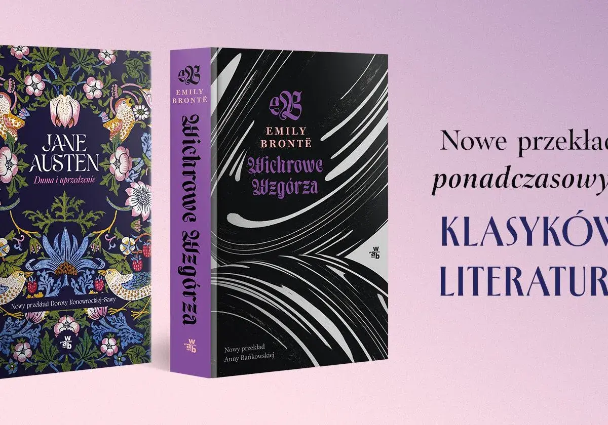 Dwie okładki książek: "Duma i uprzedzenie" Jane Austen oraz "Wichrowe Wzgórza" Emily Brontë, prezentujące różnicę między prawami do ekranizacji a prawami do przekładu.