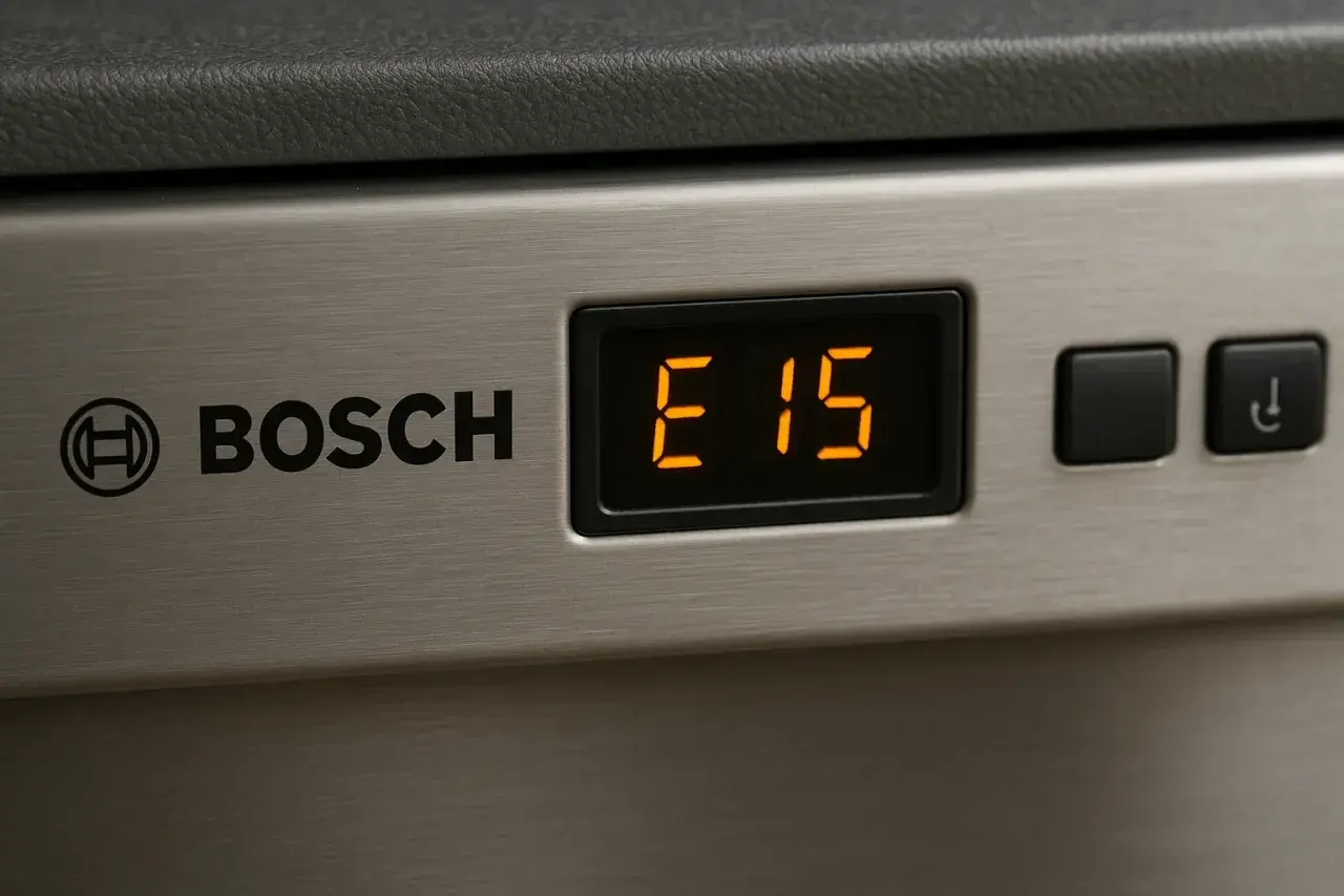 Wyświetlacz zmywarki Bosch z kodem błędu E15.