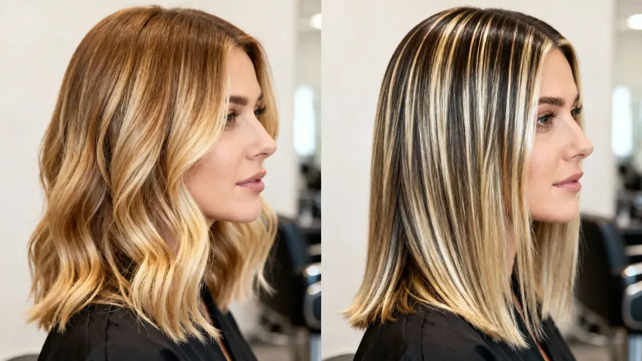 Dos looks de cabello: uno con ondas rubias y otro liso con balayage caramelo y mechas marcadas.
