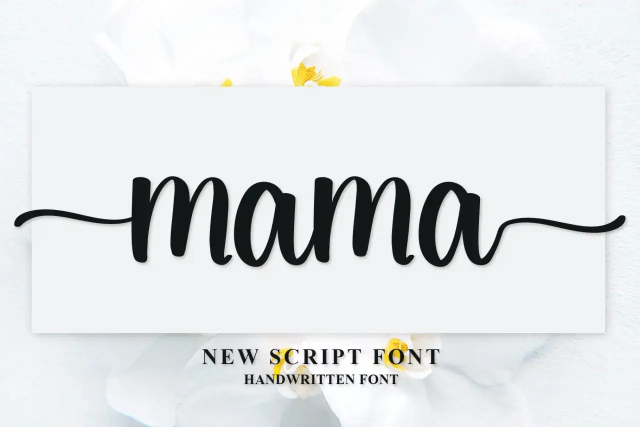 La palabra "mama" escrita en una fuente script elegante, sobre un fondo blanco con flores de orquídea.