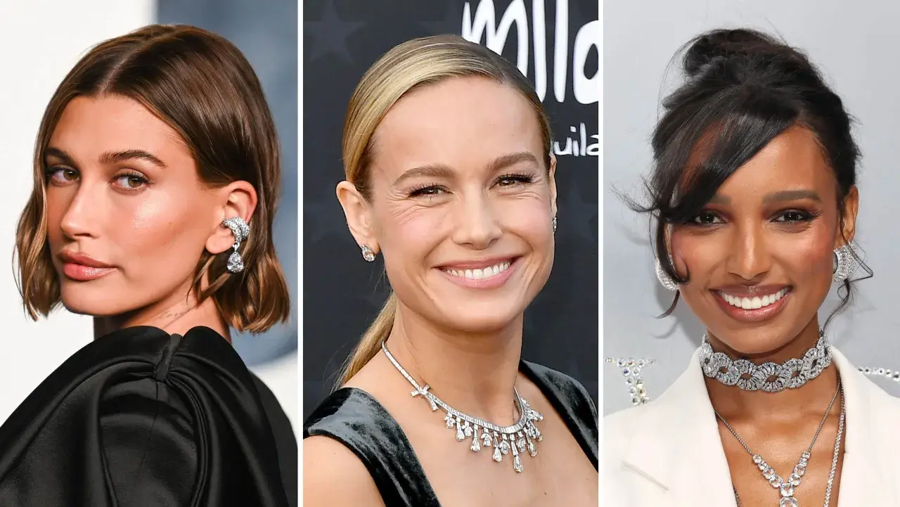 Tre kvinnor med korta frisyrer för tunt hår. Hailey Bieber med en bob, Brie Larson med en hästsvans och Jourdan Dunn med en knut.