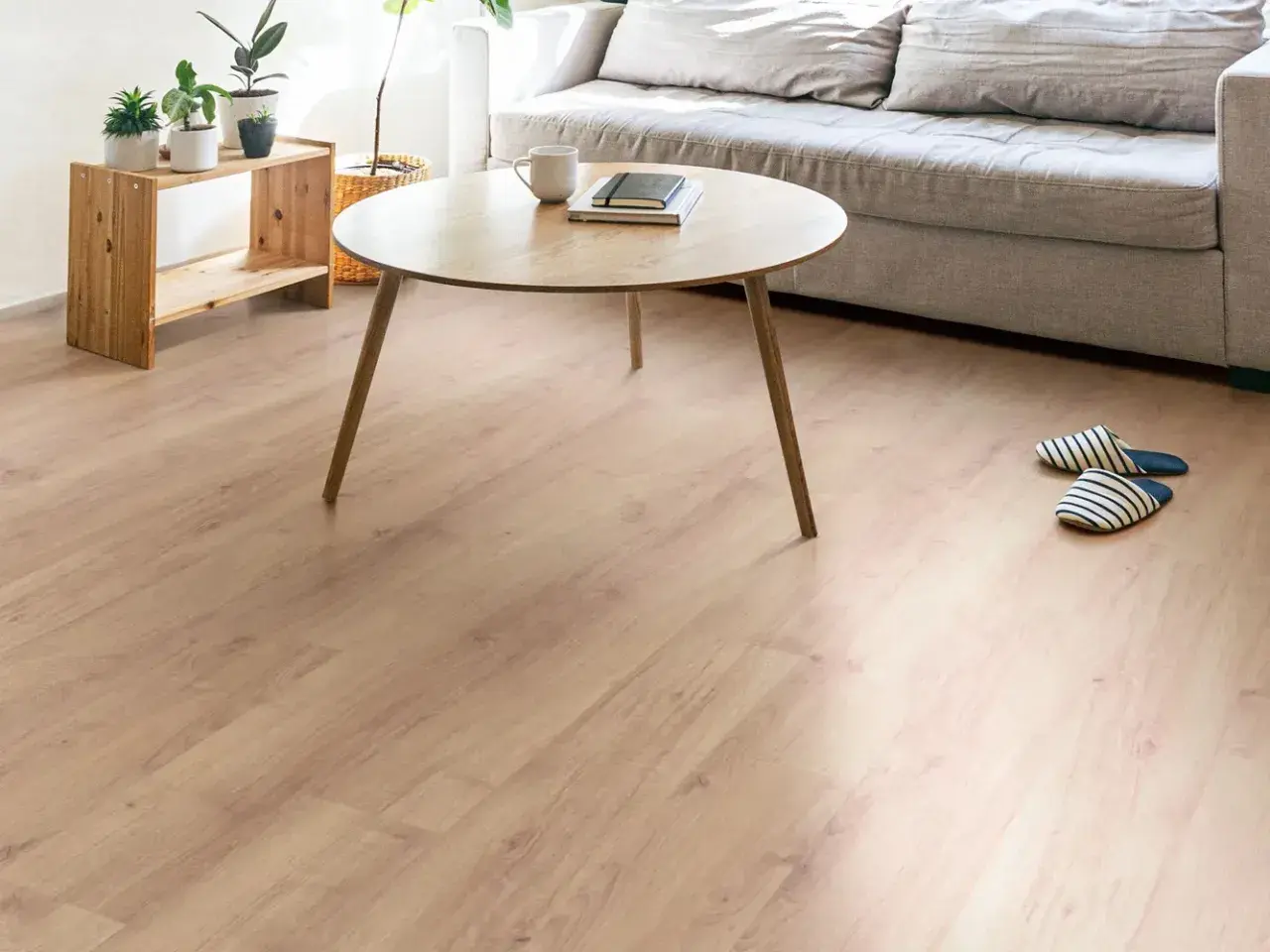 Un salón acogedor con un suelo laminado de madera clara, un sofá gris, mesa de centro de madera y plantas.