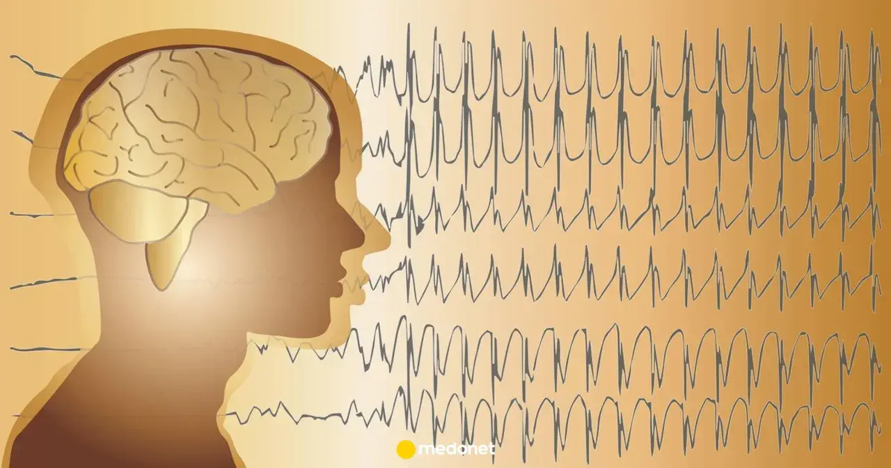 Profil głowy z mózgiem i zapisem EEG. Gabapentin Aurovitas może pomóc w stabilizacji aktywności mózgu.