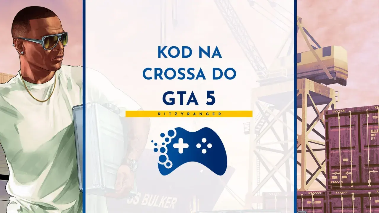 Postać z GTA 5 z walizką, obok napis "KOD NA CROSSA DO GTA 5" i logo kontrolera.