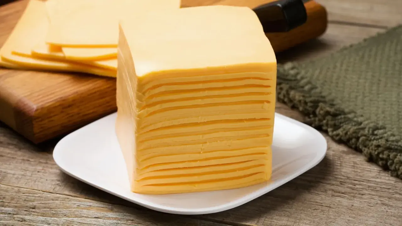 Una pila di sottilette su un piatto bianco, perfette per uno spuntino in gravidanza.